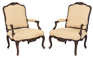 Pair Louis XV Style Carved Open Arm Chairs