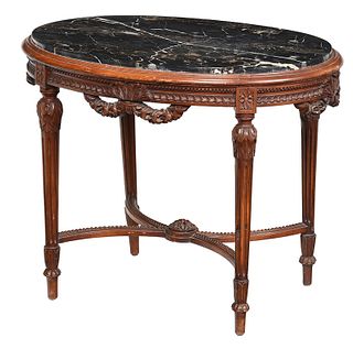 Louis XVI Style Walnut Marble Top Side Table