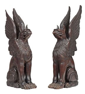 Pair of Carved Wood Griffin Figures