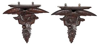 Pair Black Forest Style Eagle Wall Shelves