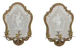 Pair Venetian Mirror Back Three Arm Sconces