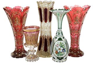 Five Enamel and Gilt Bohemian Glass Vases