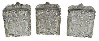 Set of Three George III Silver Chinoisere Tea Caddies