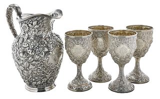 Set of 12 Repousse Sterling Goblets and Pitcher 