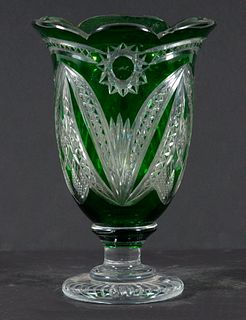 GREEN CUT TO CLEAR CRYSTAL FOOTED VASE