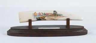 SMALL SCRIMSHAWN AND PAINTED WALRUS TUSK BY CHARLES A. MANGHIS, NANTUCKET, MASS. ON STAND