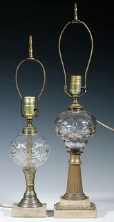 (2) CLEAR GLASS WHALE OIL LAMPS, ELECTRIFIED