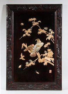 19TH C. JAPANESE CARVED STONE ON LACQUER FRAMED PANEL