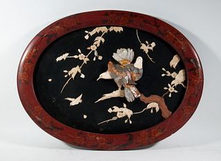 19TH C. JAPANESE MOTHER-OF-PEARL ON HORIZONTAL OVAL LACQUER PANEL, FRAMED