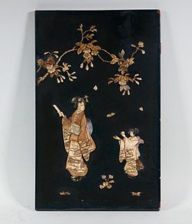 19TH C. JAPANESE CARVED IVORY AND MOTHER-OF-PEARL ON LACQUER PANEL