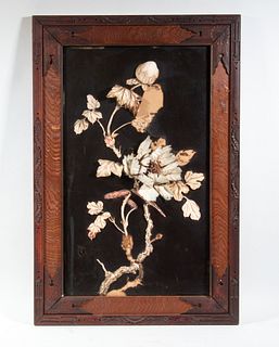 19TH C. JAPANESE CARVED IVORY ON LACQUER FRAMED PANEL