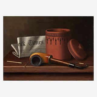 William Michael Harnett (American, 1848–1892) Still Life with New York Times, Tobacco Jar, Pipe and Matches