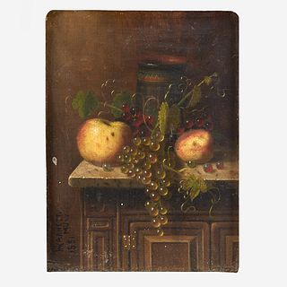 William Michael Harnett (American, 1848–1892) Still Life with Egyptian Vase, Apples and Grapes on a Marble Top Console