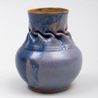 George E. Ohr Blue Glazed Pottery Cinched Vase