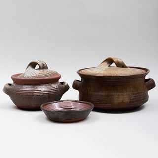 Two Karen Karnes Glazed Earthenware Tureens and Covers and a Dish