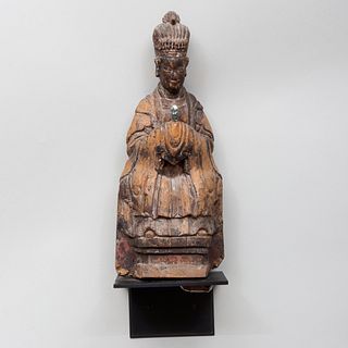 Chinese Polychromed Wood Figure of a Seated Immortal