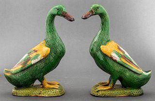 Chinese Export Green Porcelain Ducks, Pair