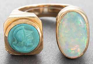 18K Yellow Gold Opal & Carved Turquoise Ring