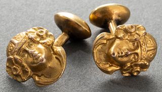 Art Nouveau 14K Gold Carved Muse Head Cufflinks