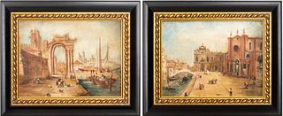 Antique Venetian Scene Oil on Canvas, Pair