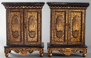 Chinoiserie Ebonized Table Cabinets, Pair