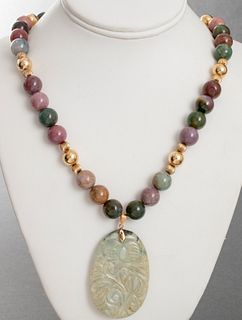 Carved Jade Colored Stone Pendant Necklace
