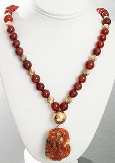 Chinese Carved Jade & Carnelian Pendant Necklace