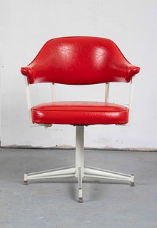 Knoll Style Red Upholstered Swivel Armchair