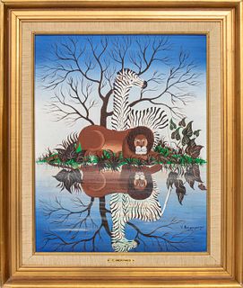 Yannis Amoryanos "Lion & Zebra" Oil on Canvas