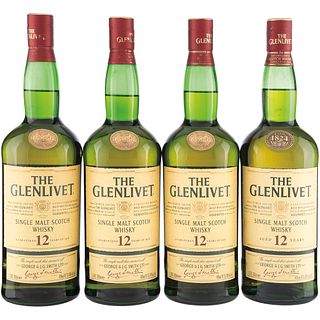 The Glenlivet. 12 años. Single malt. Scotch whisky. Piezas: 4. Contiene un vaso lowball.