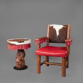 Western Cowhide and Leather Arm Chair and Side Table