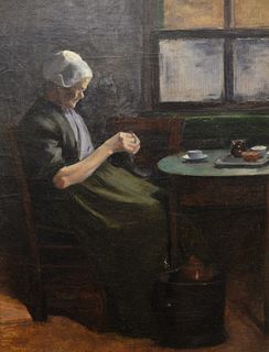 American School (early 20th century), Woman at the Table, oil on canvas,  unsigned, 22 1/2" x 17 1/4". Provenance: Wally Findly Galleries label adhere