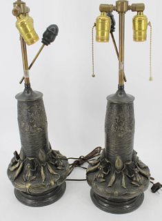 Pair Of Art Nouveau Style Patinated Metal Lamps