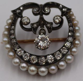 JEWELRY. Signed Antique Pearl and Diamond Brooch.