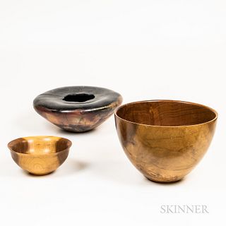 Two Continental Wood Bowls and a Pottery Bowl