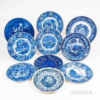 Ten Blue and White Transfer-decorated Plates and a Charger