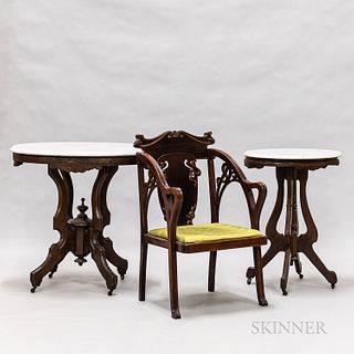 Two Walnut Marble-top Tables and an Art Nouveau Chair