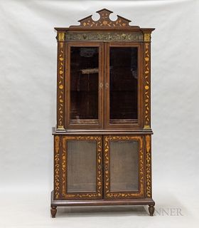 Dutch Neoclassical Glazed Mahogany and Floral Marquetry Two-part Cabinet