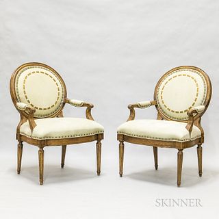 Pair of Italian Neoclassical-style Walnut and Green Suede-upholstered Armchairs