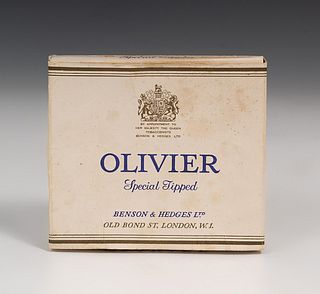 VIVIEN LEIGH. 
OLIVIER English tobacco packet from BENSON & HEDGES LTD, 1950s. 
Empty box in silk-screened cardboard.