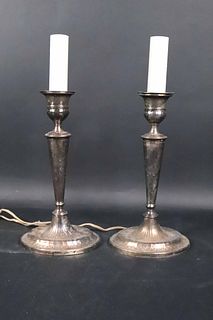 Pair of English Silver Plated Candlestick Lamps
