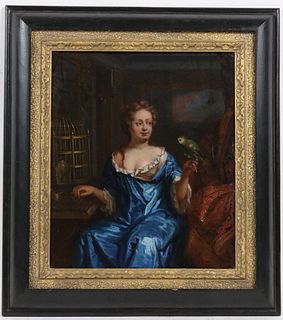 Old Master Portrait, Oil on Panel, Woman & Parrot