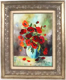 Oil on Canvas, Red Flowers in Blue Vase