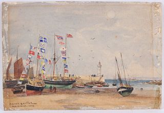 Gaston Roullet, Watercolor, Boats in a Harbor