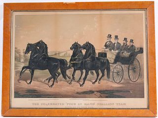 Currier & Ives Lithograph, Four in Hand Stallions