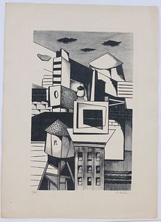 Karl Fortess, Lithograph, Abstract NY Cityscape