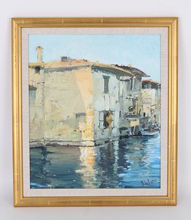 Signed Venetian Canal Scene Oil Painting