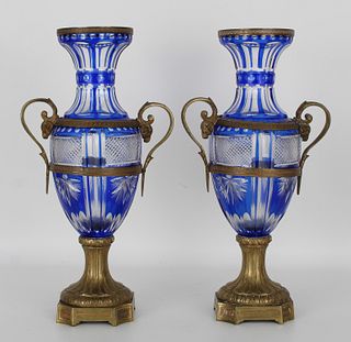 Pair of French Bronze and Cobalt Cut Glass Urns