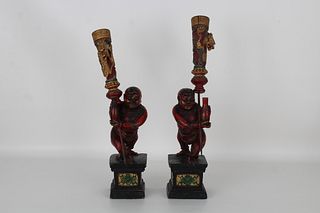 (2) Chinese Wooden Figural Candle Holders
