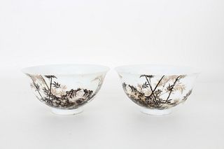 Pair, Chinese Grisaille Bowls, Yongzheng Mark